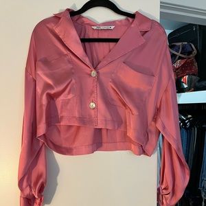 Zara Pink Cropped Button Up Blouse